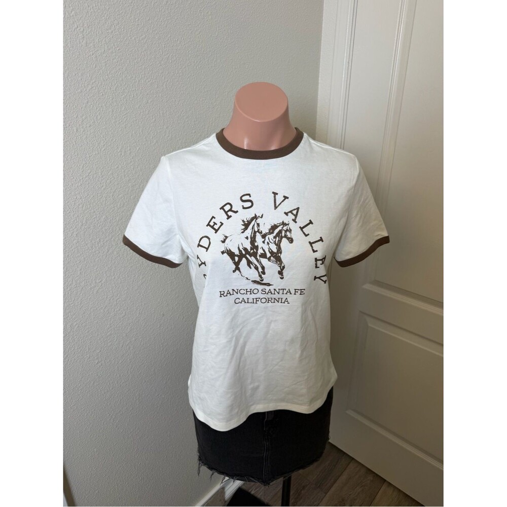 H&M Ryders Valley Graphic White & Brown Graphic Ringer Tee Sz S